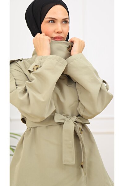 Genel Markalar Kadın Kuşaklı Düğmeli Kısa Trençkot | Yüksek Yaka Biker Tarz Rüzgarlık Model Trençkot Ceket