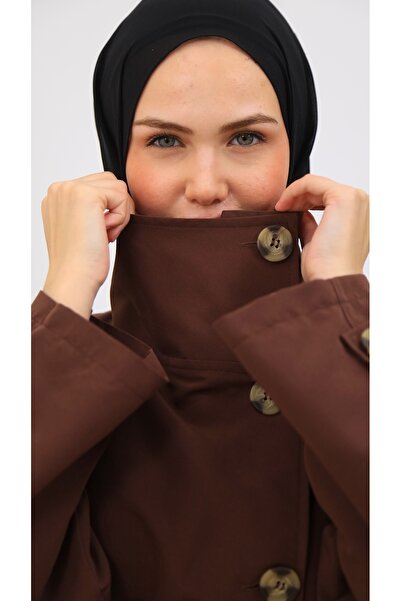 Genel Markalar Kadın Kuşaklı Düğmeli Kısa Trençkot | Yüksek Yaka Biker Tarz Rüzgarlık Model Trençkot Ceket