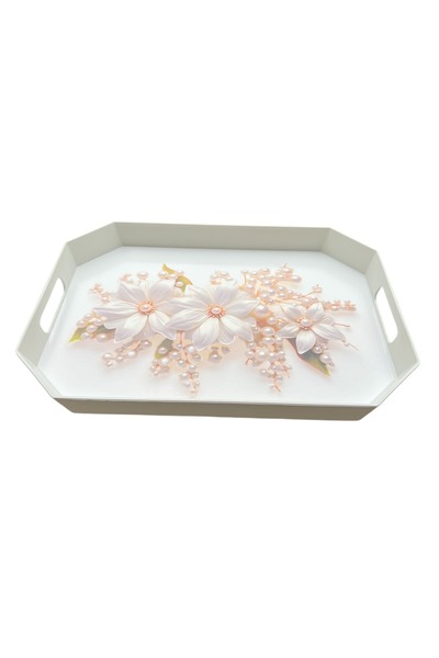 EZMK EV GEREÇLERİ Tea Coffee Presentation Tray, White Color, 8 Corners, 1 Piece, 37X27 cm