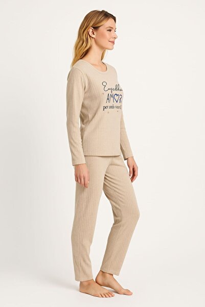 enmodaiçgiyim Light Beige Striped Women's Pajama Set – Long Sleeve, Comfortable Fit, Soft Fabric, Stretchy