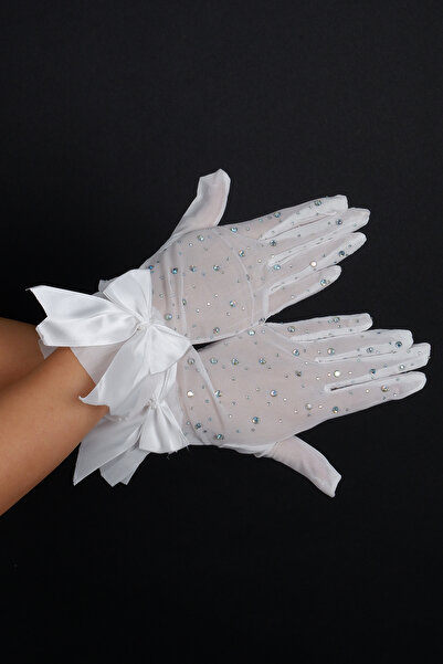 Limelia Beyaz Taşlı Tül Fiyonlu Kısa Gelin Eldiveni Nikah Abiye Aksesuarı