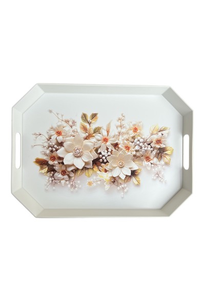EZMK EV GEREÇLERİ Tea Coffee Presentation Tray, White Color, 8 Corners, 1 Piece, 37X27 cm