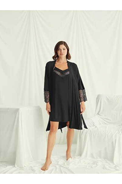 MONAMİSE , Women'S, Black, 94% Viscose 6% Elastane, Low-Cut Neckline and Lace Sleeves Robe Tk