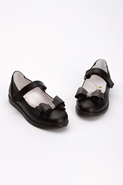 TAKI DERYASI Sparkly Bow Non-Slip Sole Matte Black Children's Ballerinas