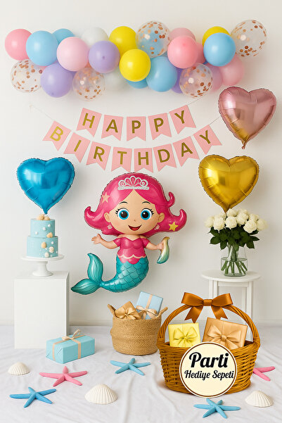 parti hediye sepeti Deniz Kızı Doğum Günü Balon Seti | Happy Birthday Banner ...