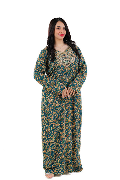 amaan Women's Luxury Long-Sleeve Cotton Jalabiya Gold Embroidered Modest Dress for Festive & Home Wear