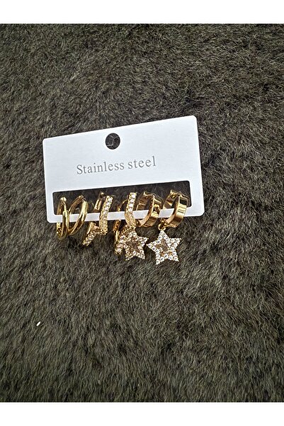 Bijouzel Yıldız Model Taşlı Halka Küpe Seti - Paslanmaz Çelik, Gold