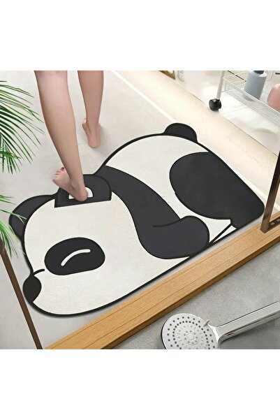 zola Bath mat, anti-slip, quick drying, 60x40 cm, panda bear pattern, black/white