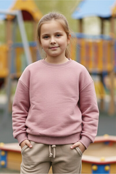 Kız Çocukları İçin 3 iplik Kumaş Pudra Rengi Sweatshirt %100 Pamuk