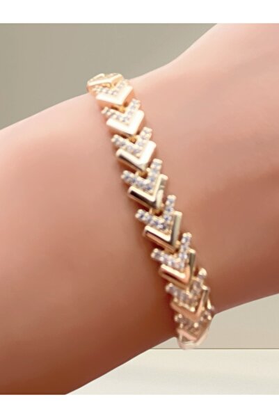 VEGALUXE Çelik Balık Sırtı Bileklik Zirkon Taşlı Gold Renk Kararmaz.