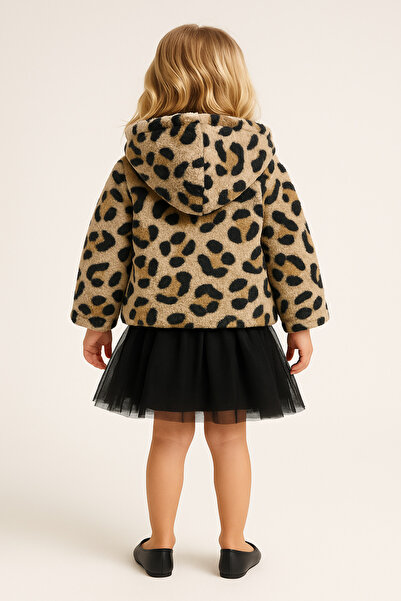 Motebarn Wear Girl's Leopard Patterned Hooded Fur Coat