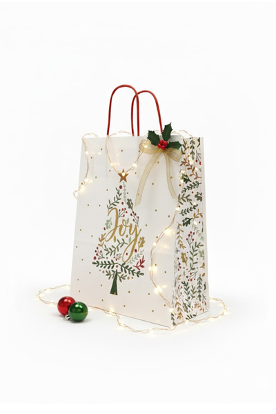 OLİ Art Yılbaşı Temalı Baskılı Hediye Poşeti 6 Adet - Beyaz İnce Kraft Çanta, Hediyelik ve Noel Paketi İçin