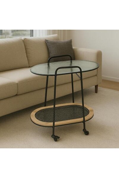 terndat عربة تقديم من طبقتين، خشب بيج، سطح زجاجي شفاف - تصميم فاخر