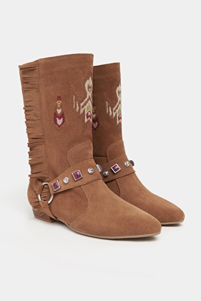 NİŞANTAŞI SHOES Γυναικείες μπότες Derek Taba Suede από γνήσιο δέρμα με κέντημα με φούντα με λεπτομέρεια επίπεδη σόλα