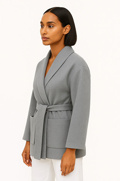 Glowear Atelier Gray Shawl Collar Jacket with Embroidered Belt