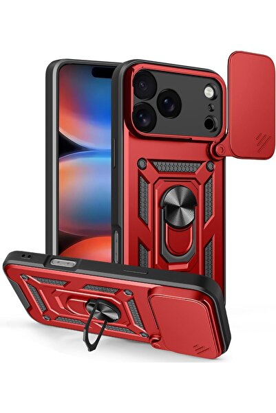 Rivor Apple iPhone 17 Pro Max Uyumlu Kılıf Kamera Sürgülü Standlı Yüzüklü Dar...