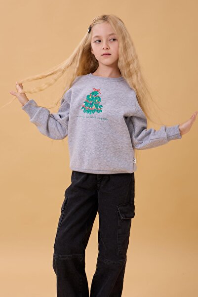 Perendi Χειμερινό φούτερ για κορίτσια με λεπτομέρεια κεντήματος με λαιμόκοψη – Γκρι μελανζ