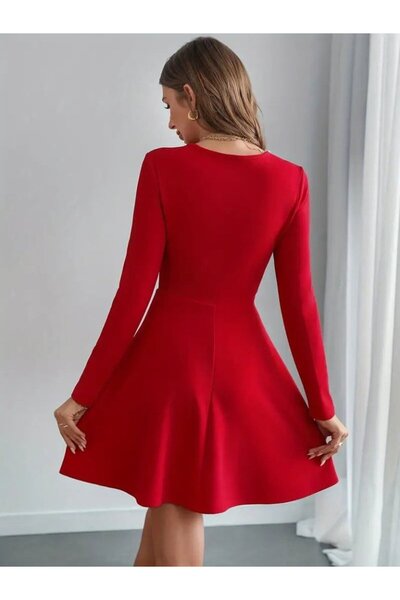 ALPACO Γυναικείο μακρυμάνικο φόρεμα με κοντό εισαγόμενο κρεπ με μαργαριταρένιο λαιμόκοψη