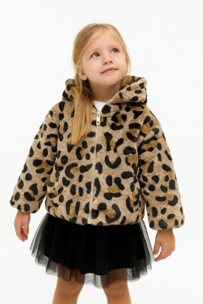 Motebarn Wear Girl's Leopard Patterned Hooded Fur Coat