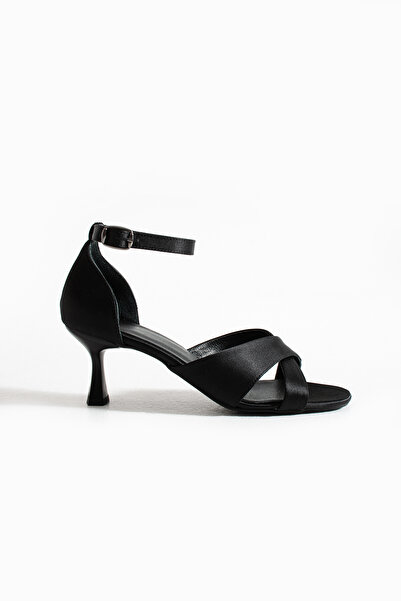es exello Baver Low Heel Cross Strap Black Satin Shoes