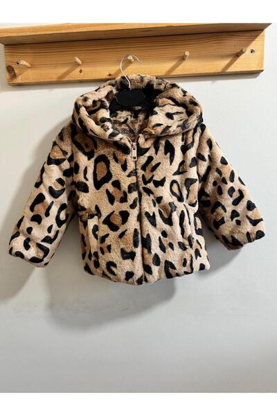 Motebarn Wear Girl's Leopard Patterned Hooded Fur Coat