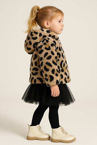 Motebarn Wear Girl's Leopard Patterned Hooded Fur Coat