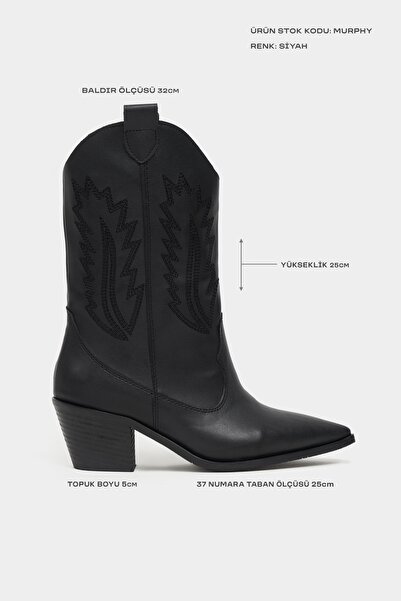 NİŞANTAŞI SHOES Murphy Siyah Mat Sivri Burun Nakış Detay Kalın Topuklu Kadın Bot