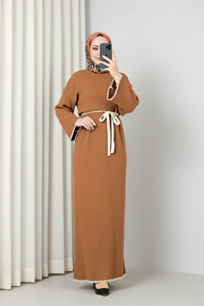 MODAQU Ribbed Belted Knit Dress - Camel