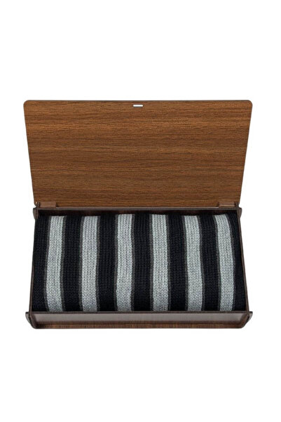 1001 Kravat Black and Gray Striped Men's Knitted Scarf - Wooden Gift Boxed