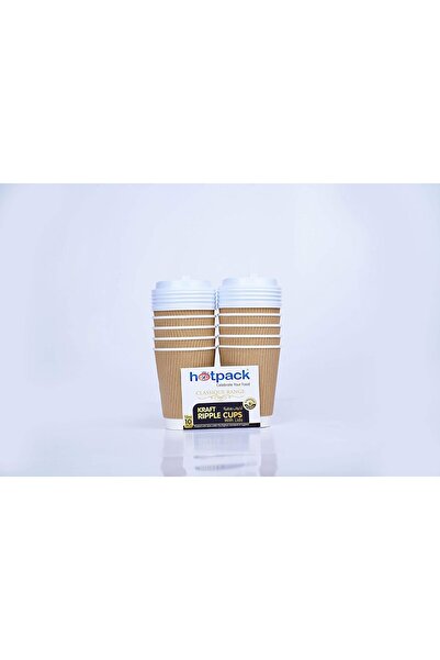 Hotpack Ripple Kraft Paper Cups 12 oz with Lids, 10 Pieces - Brown
