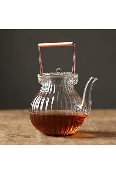 Generic JINGDESHANG 600ml Ridged Glass Teapot with Copper Handle - Heat-resisting Glass Teapot