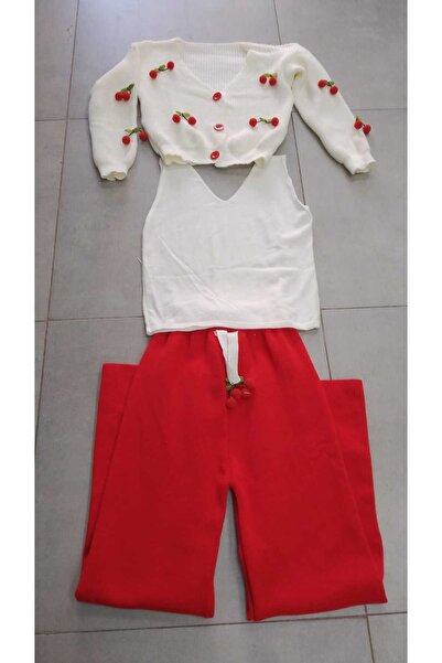 PEKA Cherry-Colored 3-Piece Set of Cardigan, Undershirt, and Pants Knitwear Set