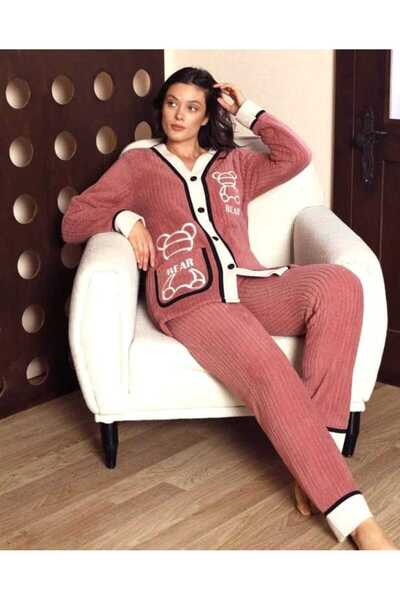 Intisimo Pijamale pentru femei, Super Velvet, Nasturi, Cocolino, Ursuleț, Roz/Alb - L