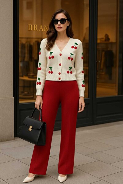 PEKA Cherry-Colored 3-Piece Set of Cardigan, Undershirt, and Pants Knitwear Set