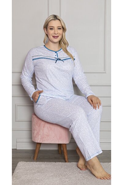 Intisimo Women's Pajamas, 100% Cotton, Plain, Hearts, Large Size, Blue - XL