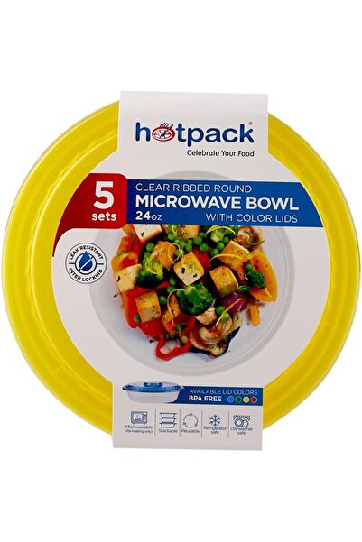 Hotpack Clear Ribbed Round Microwave Bowl 24oz with Multicolour Lids, 5 Sets