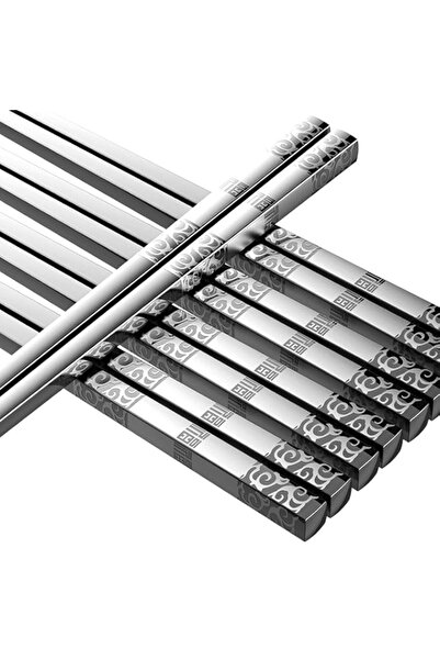 Generic Metal Chopsticks Sets, 5 Pairs Reusable Stainless Steel Chopsticks Sq...