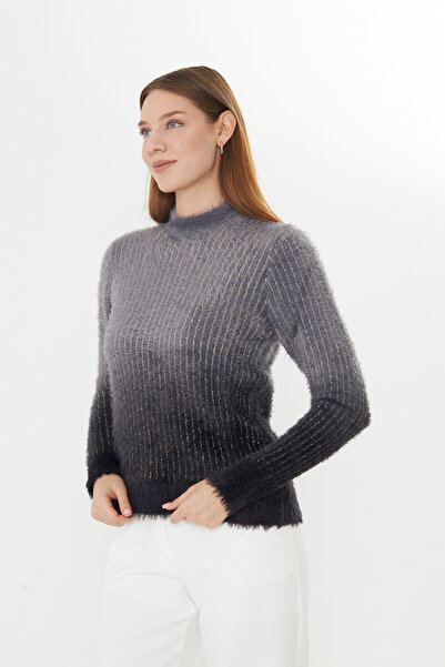 Brevia Gray Glitter Stripe Detail Bearded Knit Tie-Dye Pattern Long Sleeve Women's Angora Knitwear Sweater