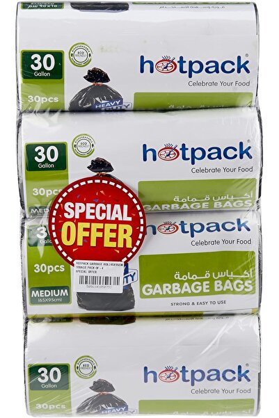 Hotpack لفافة قمامة، 30 جالون (65 × 95 سم)، 30 كيسًا، عبوة من 4 قطع