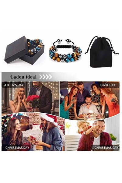 THK Brățară energetică cu ochi de tigru galben și ochi de tigru albastru, cu triplă protecție, pietre de hematit, 8 mm