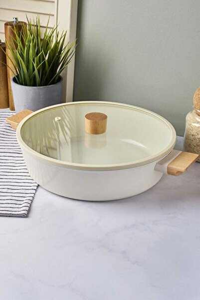 PerottiHome Cookwood Beige Induction Base Ceramic Flat Pot with Wooden Handle and Lid 28 cm