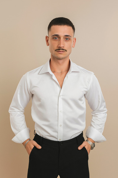 Zikuv Slim Fit Uzun Kollu Kolay Ütü Teri Emen Nefes Alan Doku Kravatlık Dört Mevsim Beyaz Erkek Gömlek