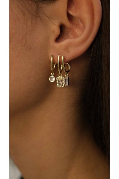 Jerie Zirkon Taş Baget Montür Üçlü Görünüm Küpe