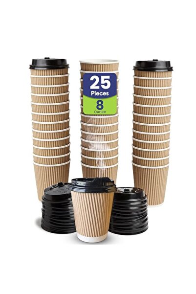 Generic SNH Packing 8 Oz (Pack of 25) Brown Ripple Disposable Cups With Lids - 3 Layered Corrugated Paper C