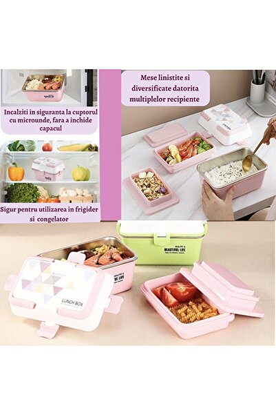 PUFO Lunch box with 3 compartments and stainless steel inner bowl, leakproof, for food, lunch, school