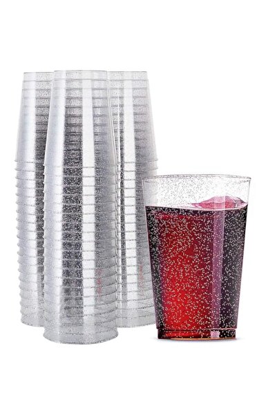 Generic KASTWAVE Plastic Cups, 50 Count 10 oz Silver Glitter Clear Plastic Cups Tumblers, Hard Plastic Disp