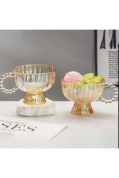 PUFO Set of 2 dessert or ice cream cups, with elegant foot and handle, made of thick glass, premium model