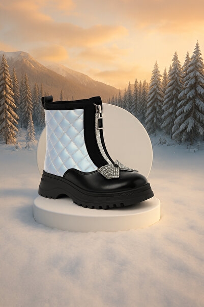 Zilvana Girl's Zippered Quilted Patterned Winter Boots with Stone Bow Detail