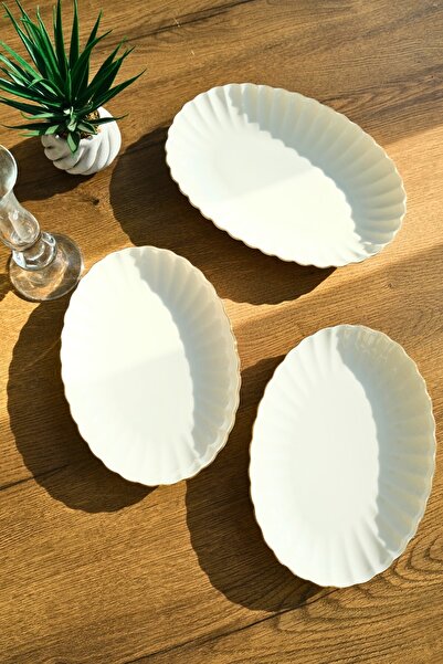 Kütahya Porselen Bone Luz Form Kayık Tabak Seti Gold 3 Parça