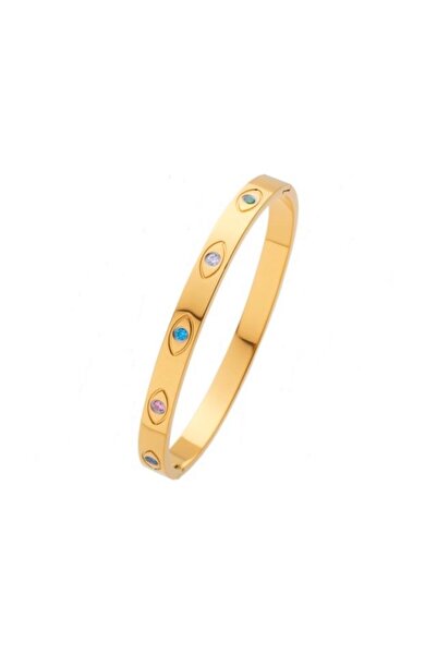 THK Bangle Bracelet 5mm, THK, Zirconia Stones, 17 cm, 18K Gold Plated, Unisex, Peacock Eye